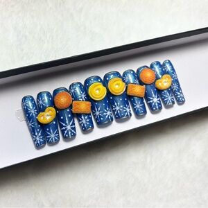 Handmade Christmas Blue Tin Butter Cookies Press on Nails, Long Square, Medium